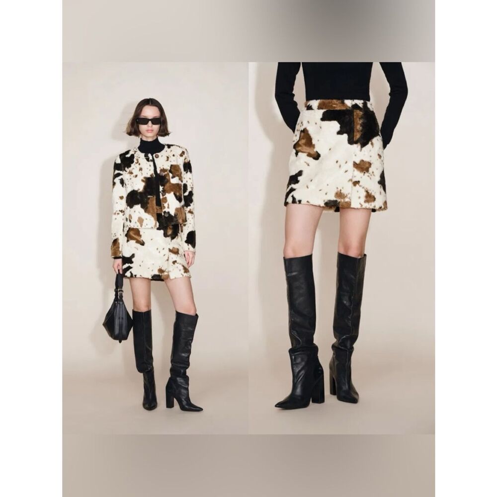 NEW FABRIQUE Mane Cow Print Mini Skirt + Jacket set in Faux Horse Fur